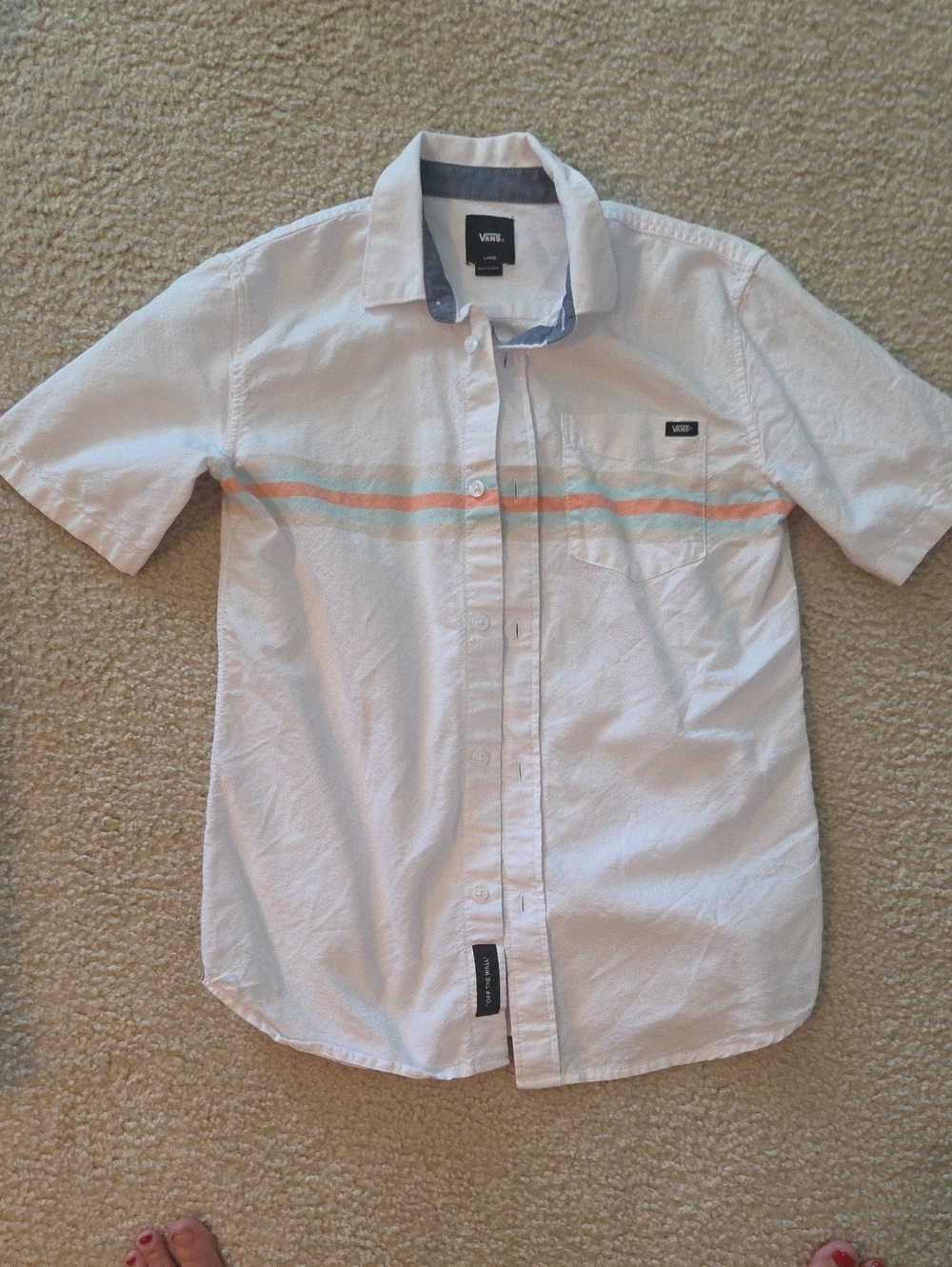 Vans White Short-Sleeve Button-Down with Pastel Stripe